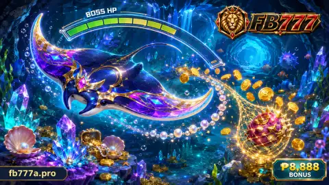 FB777 fishing scene with an amber cannon sightline crossing luminous fish and dark reef shapes