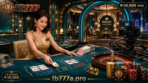 FB777 live casino roulette scene framed by gold table rails, dark felt and ruby reflections