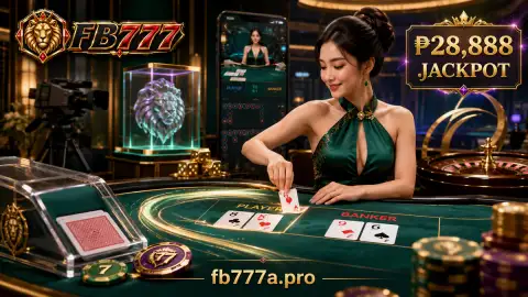 FB777 live casino table returning to an ordered arrangement of cards, chips, gold rails and ruby reflections
