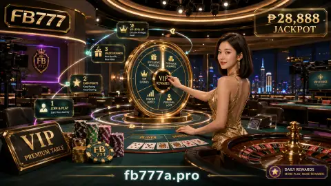 Calm FB777 live casino reset scene with ordered table objects beneath gold rails and ruby light